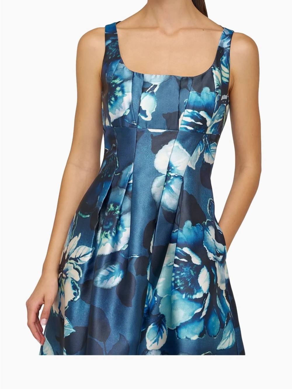 Kay Unger Blue Floral Square-Neck Midi Dress